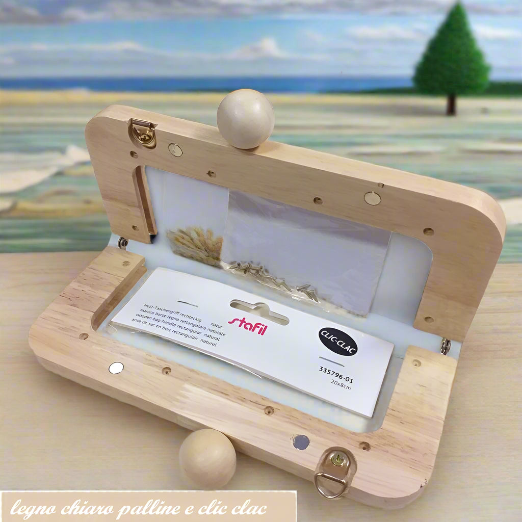 colore frassino palline pomelli pomoli naturali chiusure clic clac legno wooden clutch per borse uncinetto pochette da sera cerimonia lavoro a maglia artigianale telaio aperto