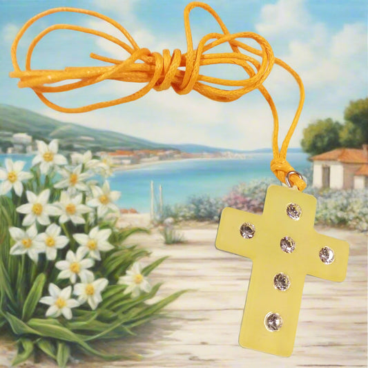 collanina per bambini ragazzi cordino cerato giallo Croce ciondolo resina simil-polaris strass di brillantini idea regalo gadget souvenir ricordino pensierino maestre catechiste bomboniera religiosa
