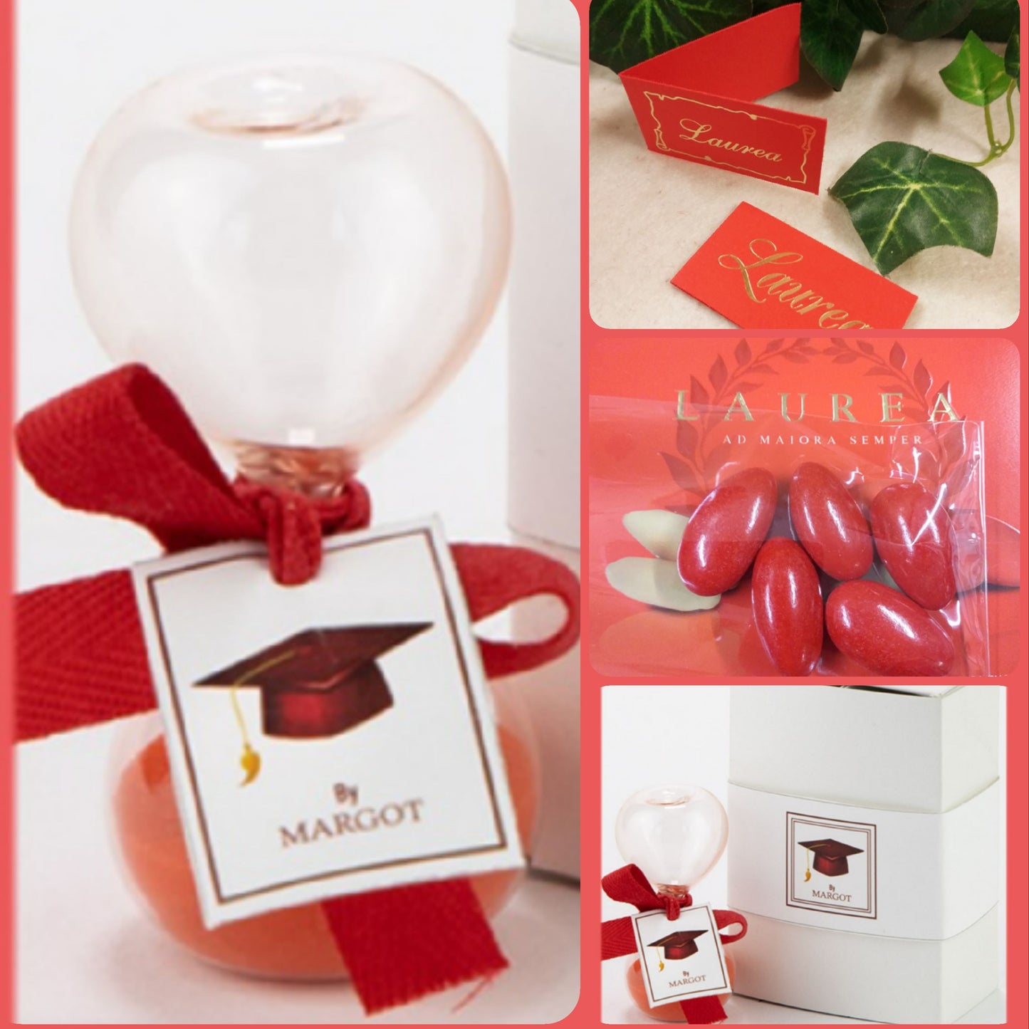 clessidra vetro sabbia rossa bomboniera laurea by margot confezionata confetti Maxtris bigliettino stampa dorata scatola bianca