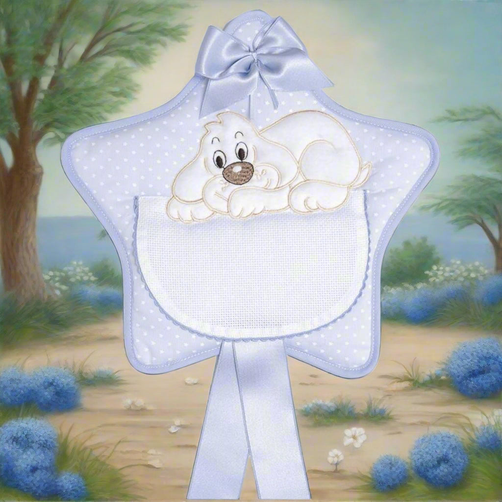 stella cagnolino maschietto bimbo celeste azzurro coccarda da nascita fiocco da ricamare a punto croce tela aida e stoffa di cotone per costruire fuoriporta
