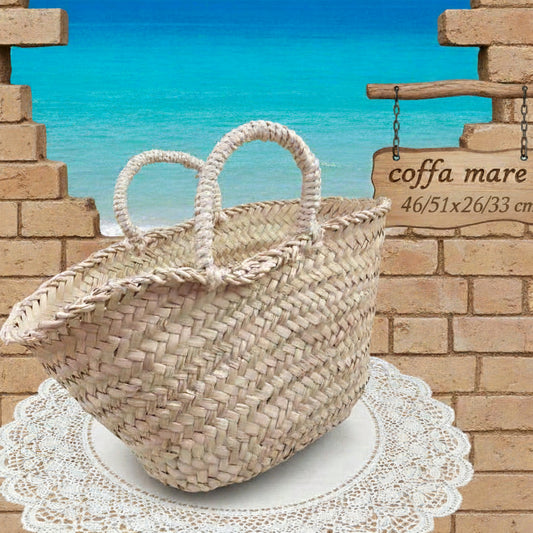 media/grande cesto coffa grezza siciliana paglia palma naturale borsa mare spiaggia e cerimonia con manici sisal da rivestire decorare fai da te personalizzare