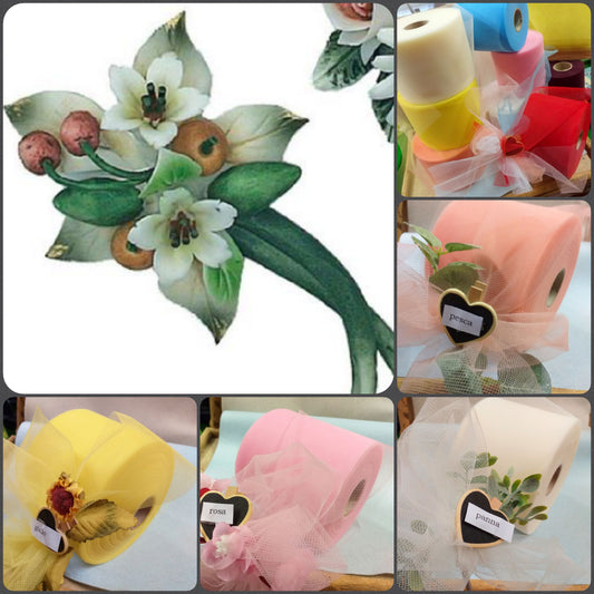 giglio e fruttini Italian confetti fiore bomboniere matrimonio comunione cresima confezionamento packaging tulle bigliettino nastro scelta colori
