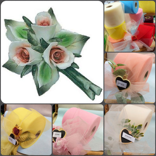 roselline foglie Italian confetti fiore bomboniere matrimonio comunione cresima confezionamento packaging tulle bigliettino nastro scelta colori