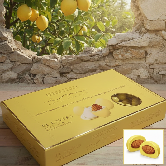 scatola 1 kg confetti ciocomandorla gusto delizia limone gialli con cioccolato bianco rivestito di confettata gialla uso confezionamento bomboniere festa della donna, laurea economia commercio, decimo anniversario matrimonio, compleanno, Prima comunione