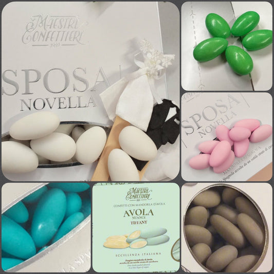 Sposa novella Maxtris confetti italiani al kg rosa celesti azzurri bianchi verdi- tiffani-chiaro avola tortora colorati mandorla classica uso fai da te bomboniere alta resa confettata confezionamento sacchetti matrimonio con miniature abiti sposi Comunione Battesimo nascita