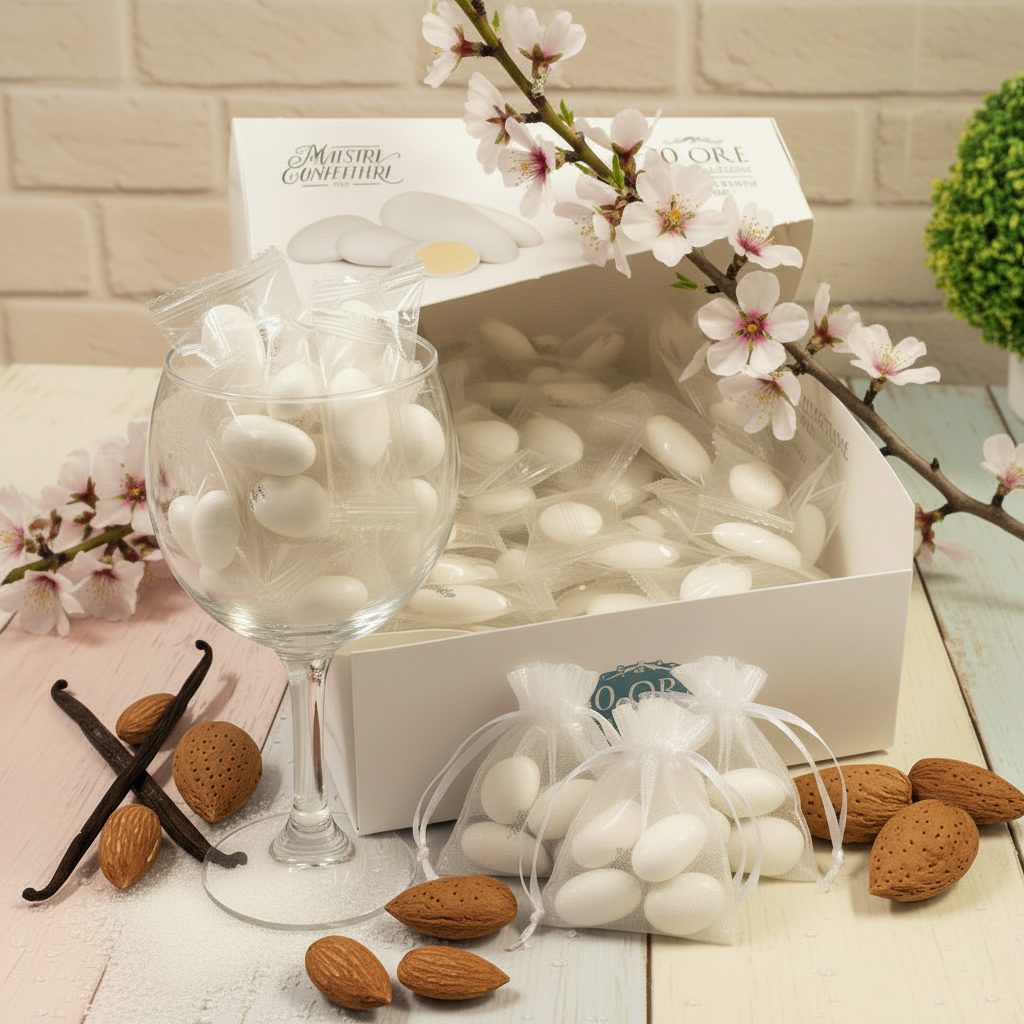idea per confettata allestimento matrimonio bicchiere di vetro e sacchettini organza per degustazione confetti incartati singolarmente 1 ad 1 come caramelle