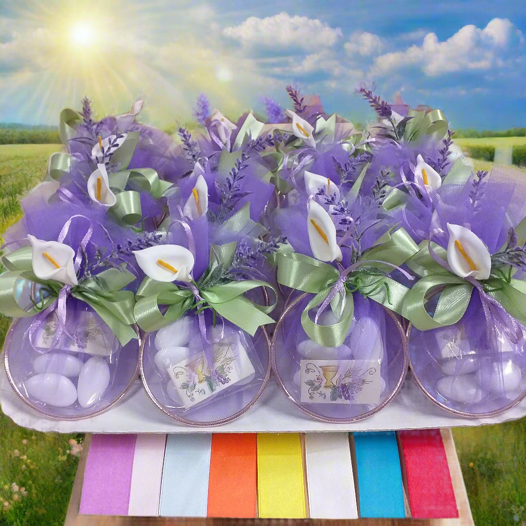 cerchio ferro metallo per confezionare confetti sacchettini bomboniere portaconfetti comunione con lavanda calle coccarde nastro realizzare decorazioni centrotavola