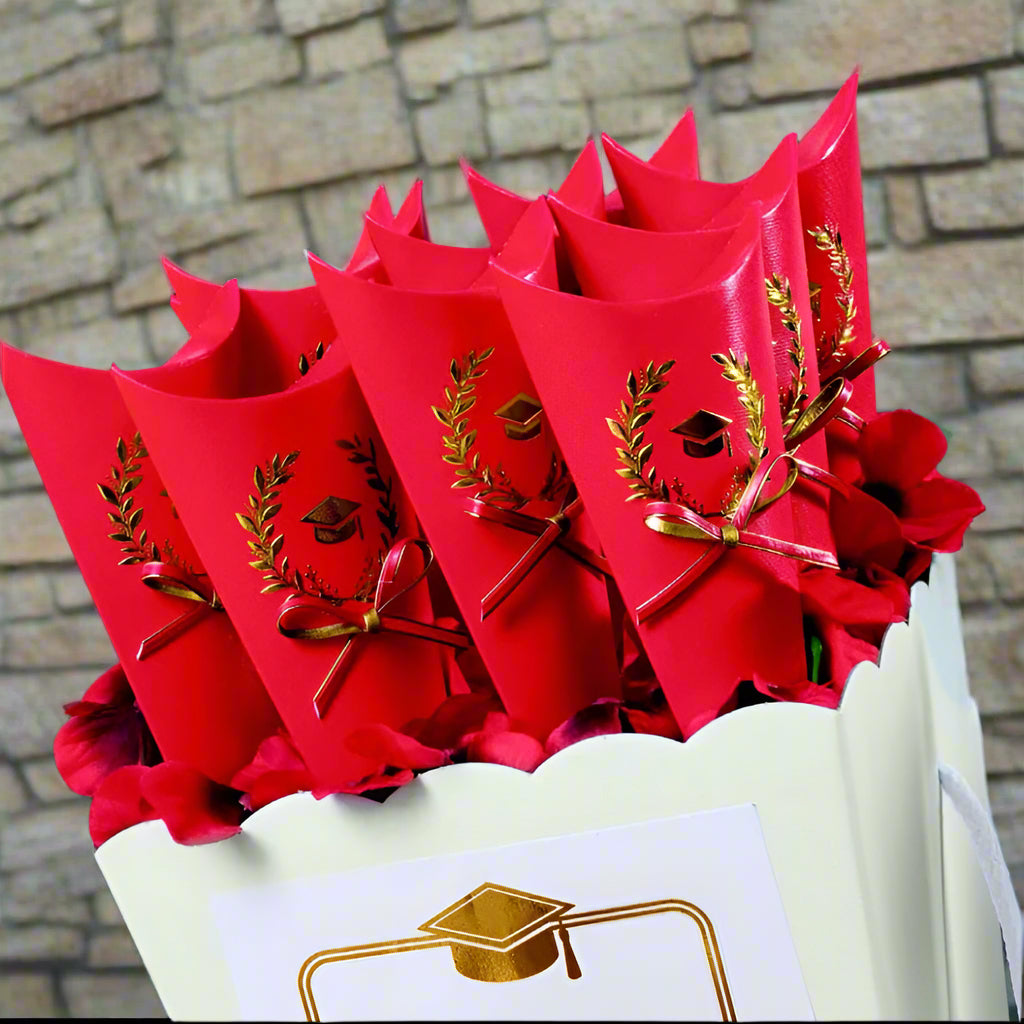 vetrina coni cartoncino rosso simboli alloro dorato portaconfetti laurea tocco cappello uso confettata bomboniere confezionamento confetti packaging caramelle regalini