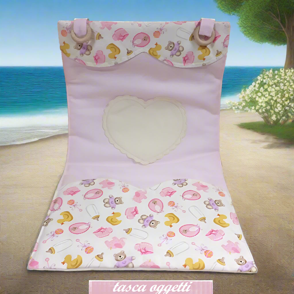 orsetti rosa lilla tasca porta oggettistica neonate bimbe corredino da ricamare a punto croce con cuore tela aida articoli tessili prima infanzia biancheria cameretta e cambio per pannolino viaggio bebè