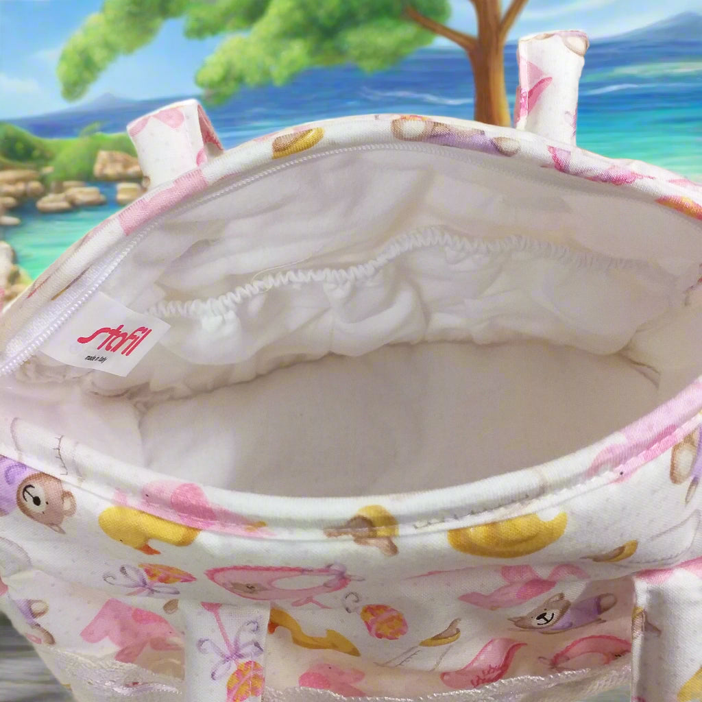 orsetti rosa lilla Borsa porta oggetti neonate bimbe corredino da ricamare a punto croce con tela aida articoli tessili prima infanzia biancheria cameretta e cambio per pannolino viaggio bebè