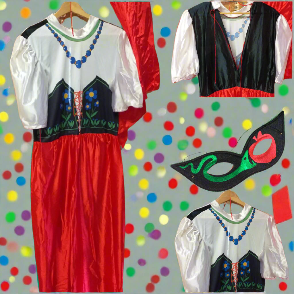 maschera e dettagli abito costume carnevale gipsy gitana da adulti raso bianco rosso nero fiori collana bandana per vestito lungo