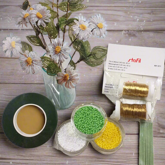 kit 200 g perline di vetro bianche verdi gialle guttaperca verde steli gambi per fiori lunghi filo ottone materiale e manuale creare decorare con perline margherite di conteria veneziana