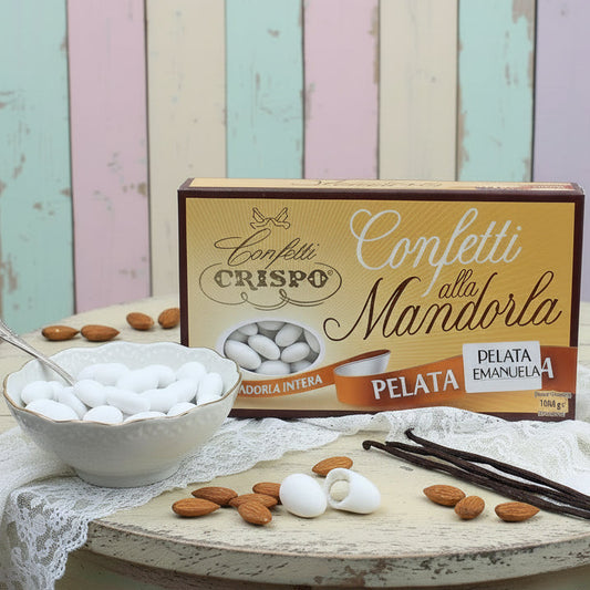 confetti italiani classici mandorla crispo intera pelata emanuela scatola 1 kg uso bomboniere fai da te matrimonio confettata comunione cresima battesimo colore bianchi anniversario nozze idea degustazione con allestimento mandorle e vaniglia pizzo
