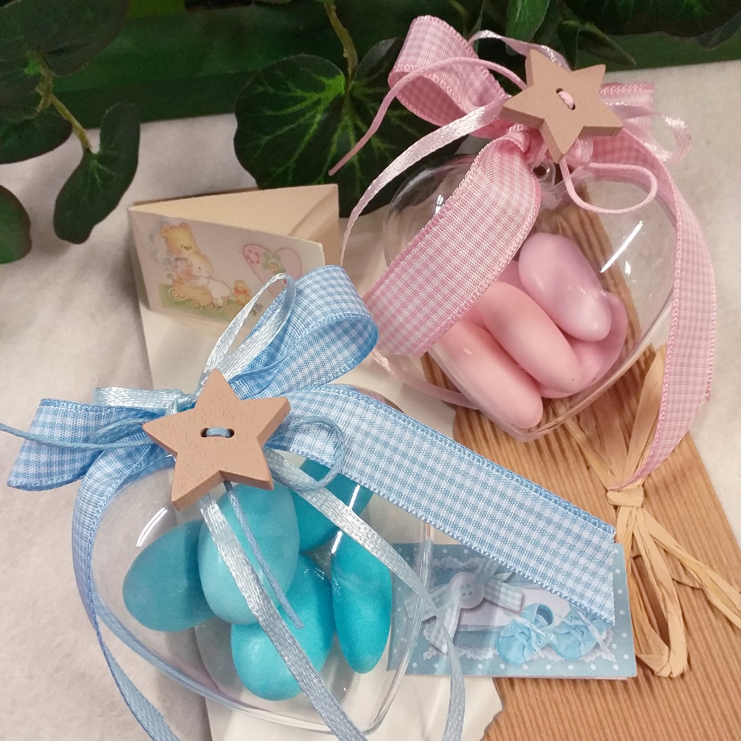 portaconfetti scatoline cuoricini per bomboniere con stelline legno rosa colore bimba azzurro celeste bimbo allestimento confettata nascita babyshower battesimo comunione compleanno