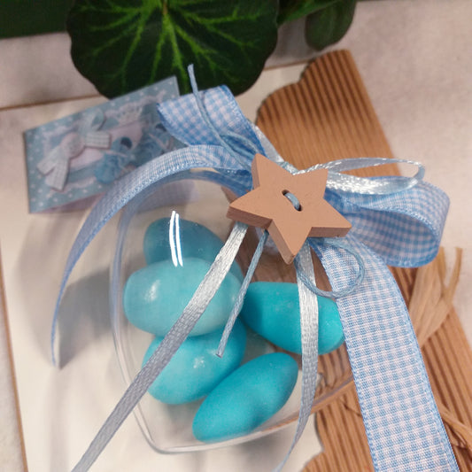 celeste azzurro bimbo portaconfetti scatoline cuoricini per bomboniere con stelline legno allestimento confettata nascita babyshower battesimo comunione compleanno