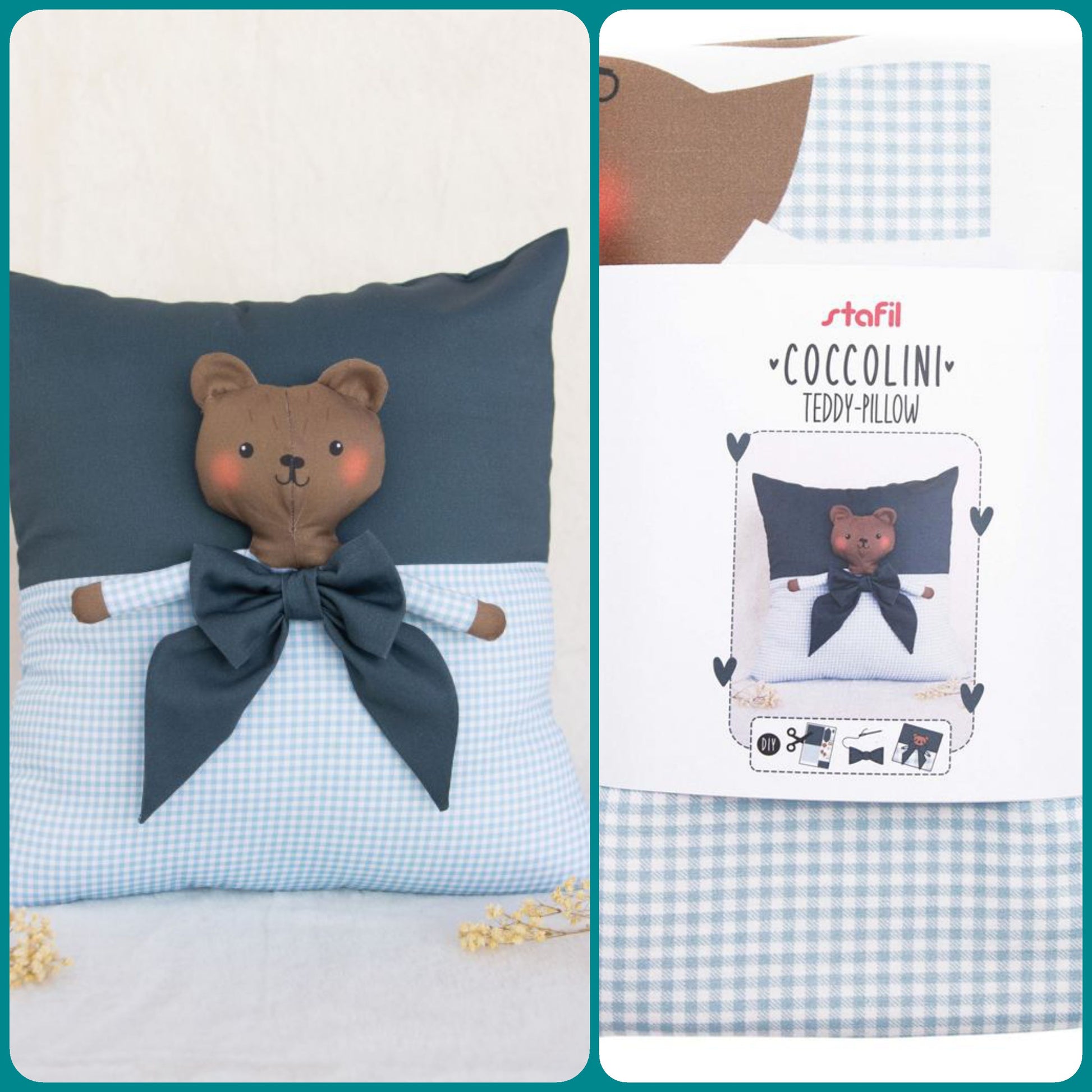 fai da te cuscino orso teddy pannello schemi cartamodelli stampati su stoffa tessuto lavabile di corpicini gambine braccine faccine visetti musetti animali peluche coccolini Stafil cucito creativo per bambini e cagnolini bambole pupazzi di pezza fatti a mano