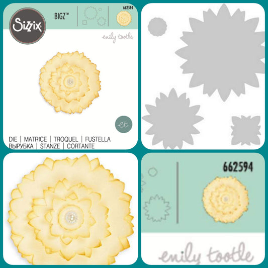 stampo manuale fustella sizzix bigz uso per tagliare fiori forma dalia con feltro pannolenci fommy gomma crepla mpn 662594 emily tootle