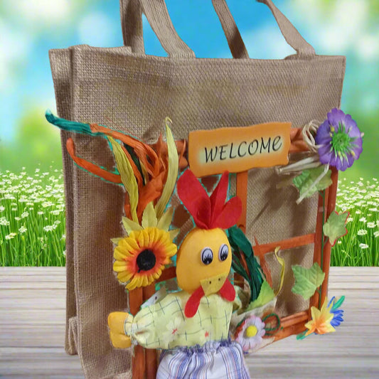 borsa juta packaging confezione regalo e applicazione chioccia gallina pezza pannolenci fuoriporta legno finestra welcome fiorellini primula viola foglie edera rafia girasole borsetta margherita pupazzo per decorazioni pasquali vetrine negozi