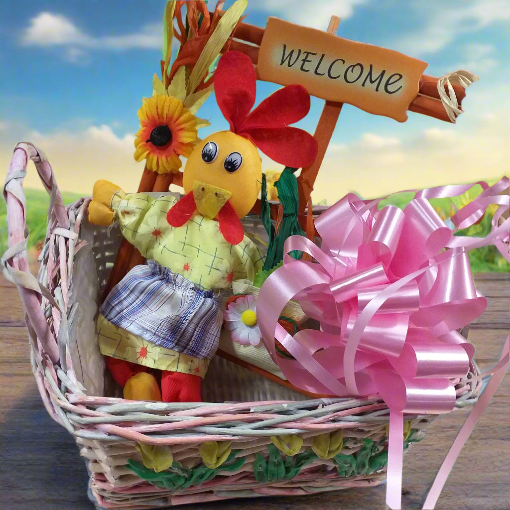 cestino rosa fiocco fiori gialli confezione regalo packaging chioccia gallina pezza pannolenci fuoriporta legno finestra welcome fiorellini primula viola foglie edera rafia girasole borsetta margherita pupazzo per decorazioni pasquali vetrine negozi