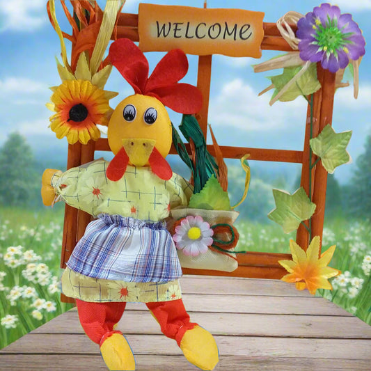 fai da te creativo con chioccia gallina pezza pannolenci fuoriporta legno finestra welcome fiorellini primula viola foglie edera rafia girasole borsetta margherita pupazzo per decorazioni pasquali vetrine negozi