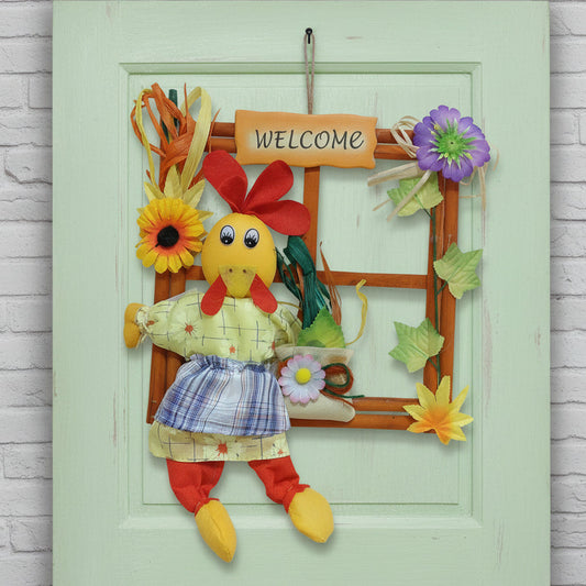 fai da te creativo con chioccia gallina pezza pannolenci fuoriporta legno finestra welcome fiorellini primula viola foglie edera rafia girasole borsetta margherita pupazzo per decorazioni pasquali vetrine negozi