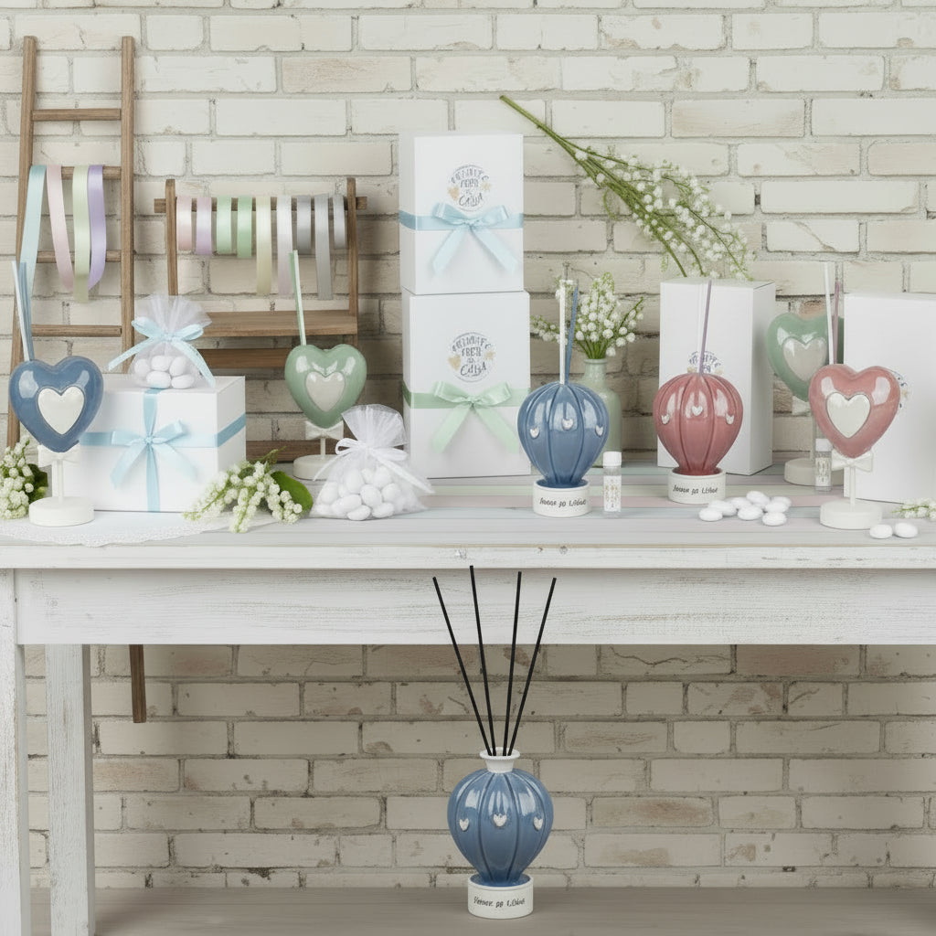 cuore piantina beige blu verde bordeaux rosa antico mongolfiera allestimento con diffusore profumatore porcellana confezionare confetti tulle e nastrino di raso con astuccio scatola da bomboniera matrimonio Comunione Cresima Battesimo