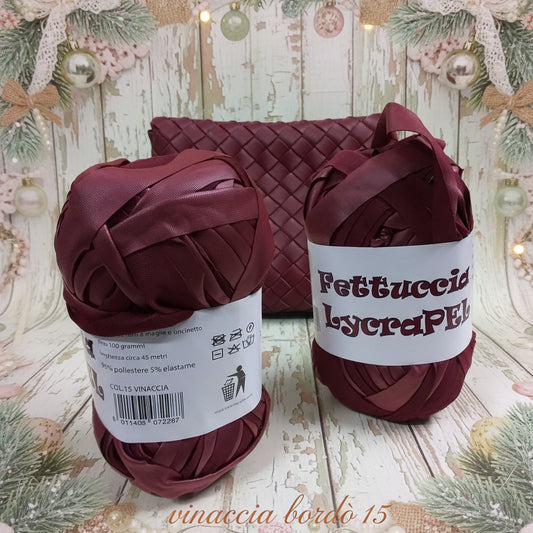 gomitolo MAS lycraPel fettuccia ecopelle bordeaux vinaccia uso cordino per borse uncinetto abbigliamento moda rivestire manici realizzare pochette clutch bags