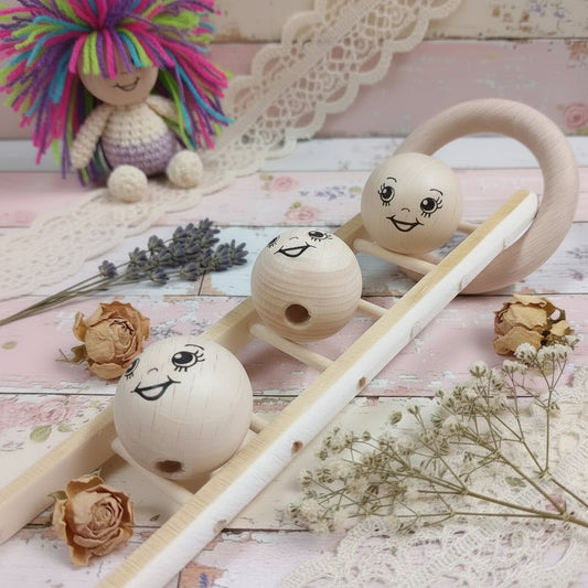 dall'alto e frontale 25 mm faccine testine legno dipinte disegnate stampate occhietti sorridenti ad uso angioletti bambole di pezza visetti fai da te creativo pigotte di stoffa tessuto Natale balocchi natalizi albero bamboline pasquali pupazzi bomboniere