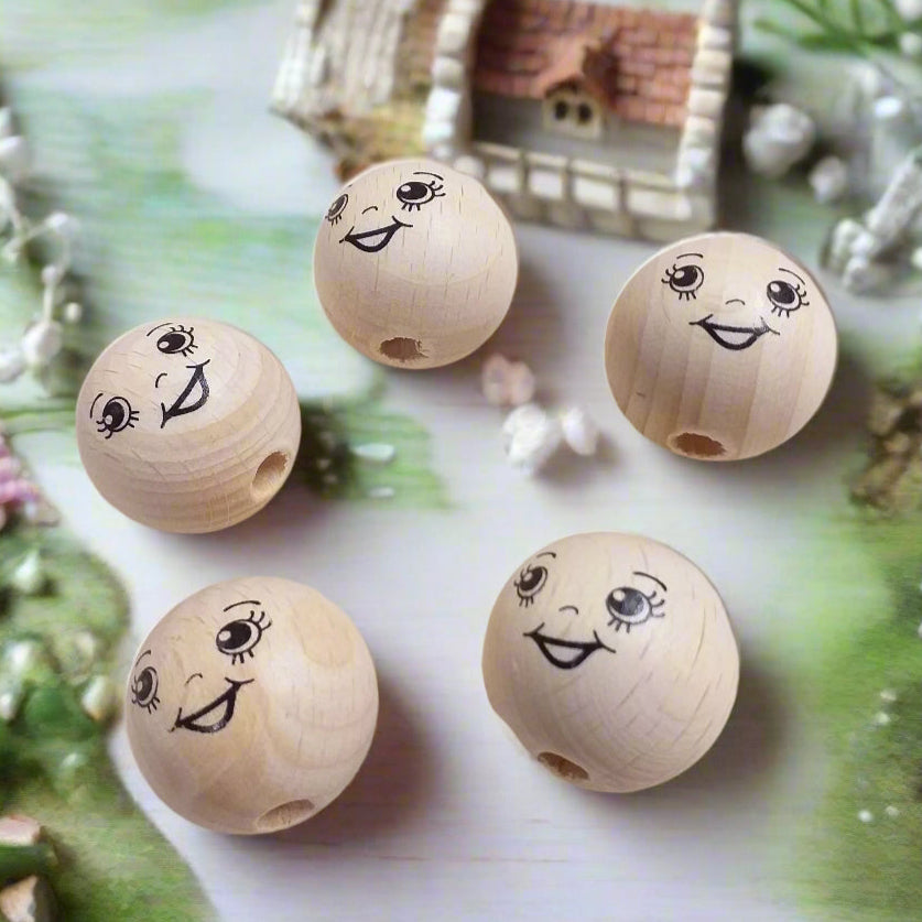 25 mm faccine testine palline forate legno dipinte disegnate stampate occhietti sorridenti ad uso angioletti bambole di pezza visetti fai da te creativo pigotte di stoffa tessuto Natale balocchi natalizi albero bamboline pasquali pupazzi bomboniere