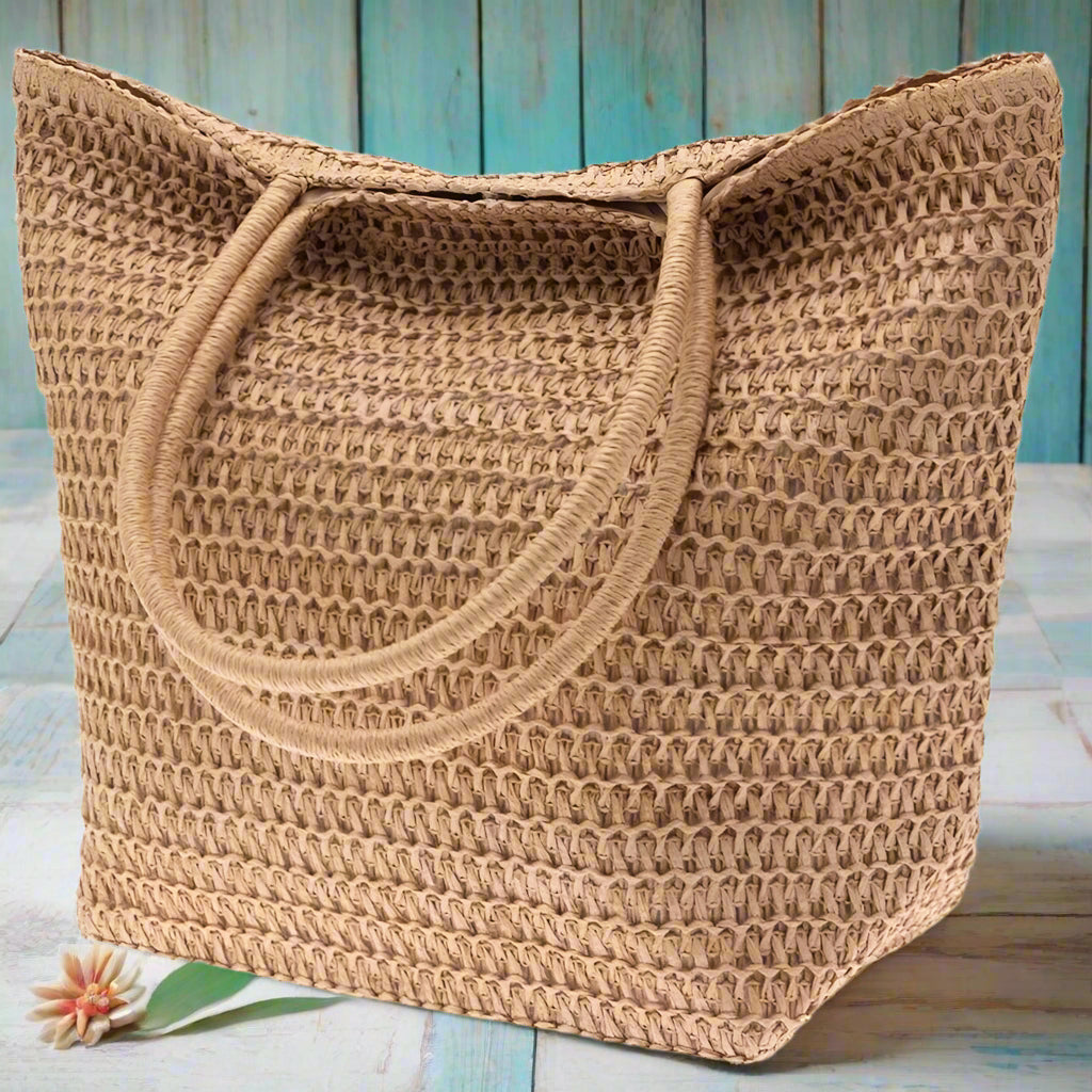 sacca da mare spiaggia estiva per estate 2023 borsa di paglia lavorazione corda rafia carta da decorare personalizzare con fiori uncinetto mattonelle granny