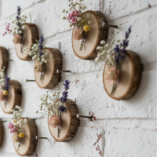 idee applicazioni fiori secchi con dischi piccoli rotondi fette di legno tronchi corteccia, per decorazioni con basi centrotavola matrimonio composizioni pasqua natale decorazioni cordino macramè