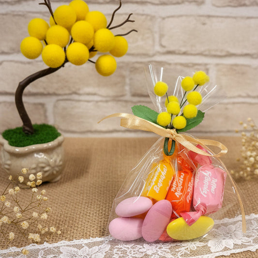 bonbon candy bar bustina sacchetto confezionato mimosa finta artificiale confezioni confetti gialli cioccolato e gusto limone cioccomandorla caramelle frutta ricordino pensierino gadget regalino festa della donna bomboniere