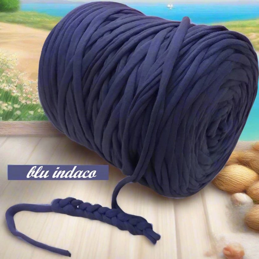 blu-indaco estate spiaggia abbigliamento moda mare 119911 Noodles t-shirt garn fettuccia stafil elastico cotone stretch uso bustine pochette borse uncinetto cestini tappeti cuscini collane culle porta enfant addobbi fiocco clutch bags oggetti nascita sporte