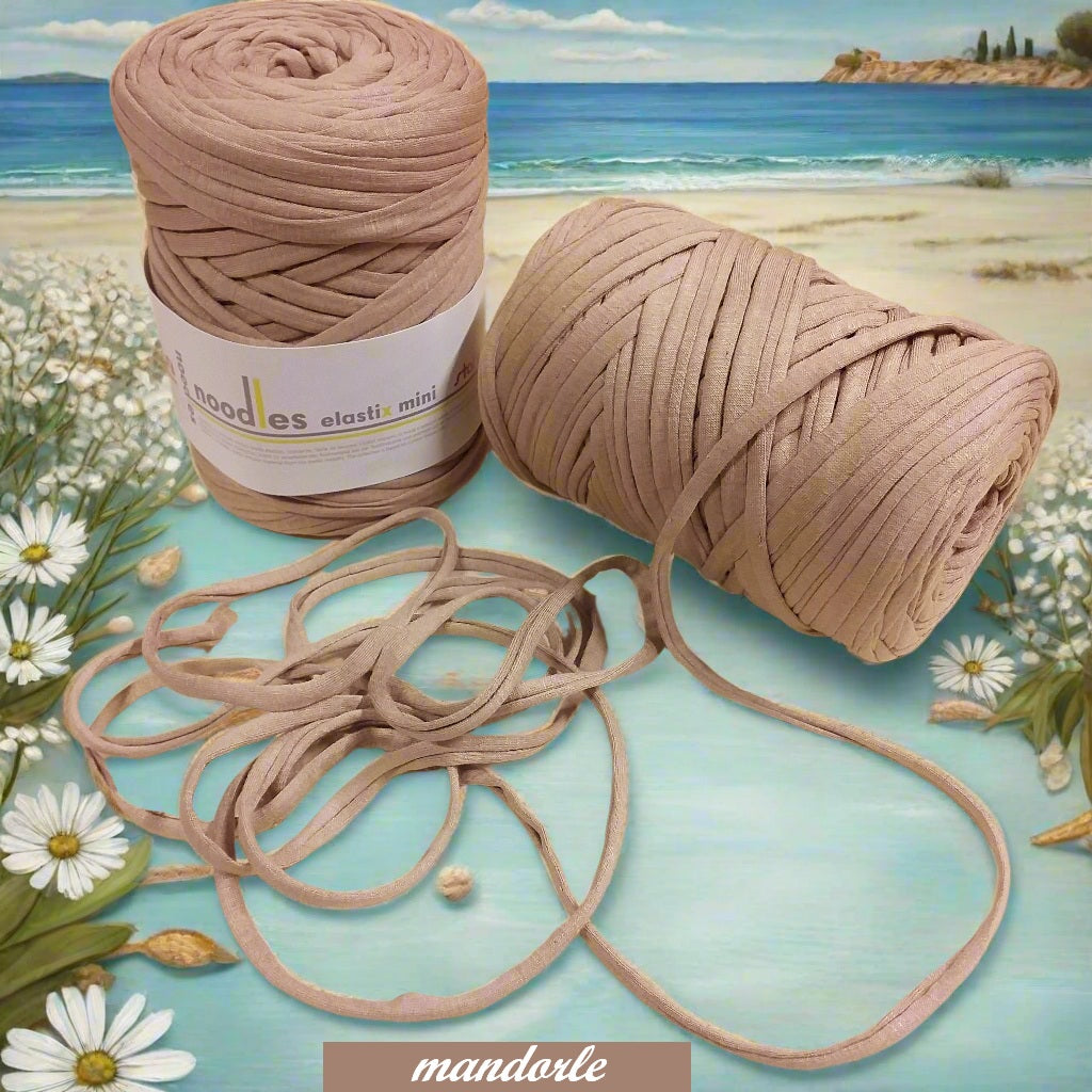 marroncino mandorle fettuccia cotone elastico stafil Noodles per borse uncinetto pochette clutch bags abbigliamento moda sportina borsina cestini bimbi pelosetti cucce culle