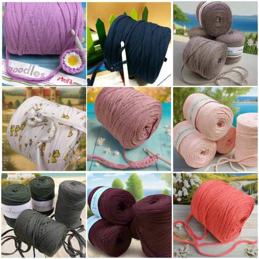 tinta unita fantasia rosa verde nocciola salmone lilla lavanda marrone 119927 e 119911 stafil t-shirt garn stretch yarn fettuccia elasticizzata maglina cotone noodles per uncinetto borse crochet bags clutch cestini tappeti cuscini collane braccialetti ceste porta enfant scaldacollo natale