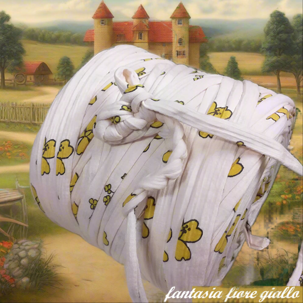 119911 fantasia fiore giallo Noodles per bimba t-shirt garn fettuccia stafil elasticizzata di cotone stretch uso per borse uncinetto cestini tappeti cuscini collane culle porta enfant addobbi fiocco nascita