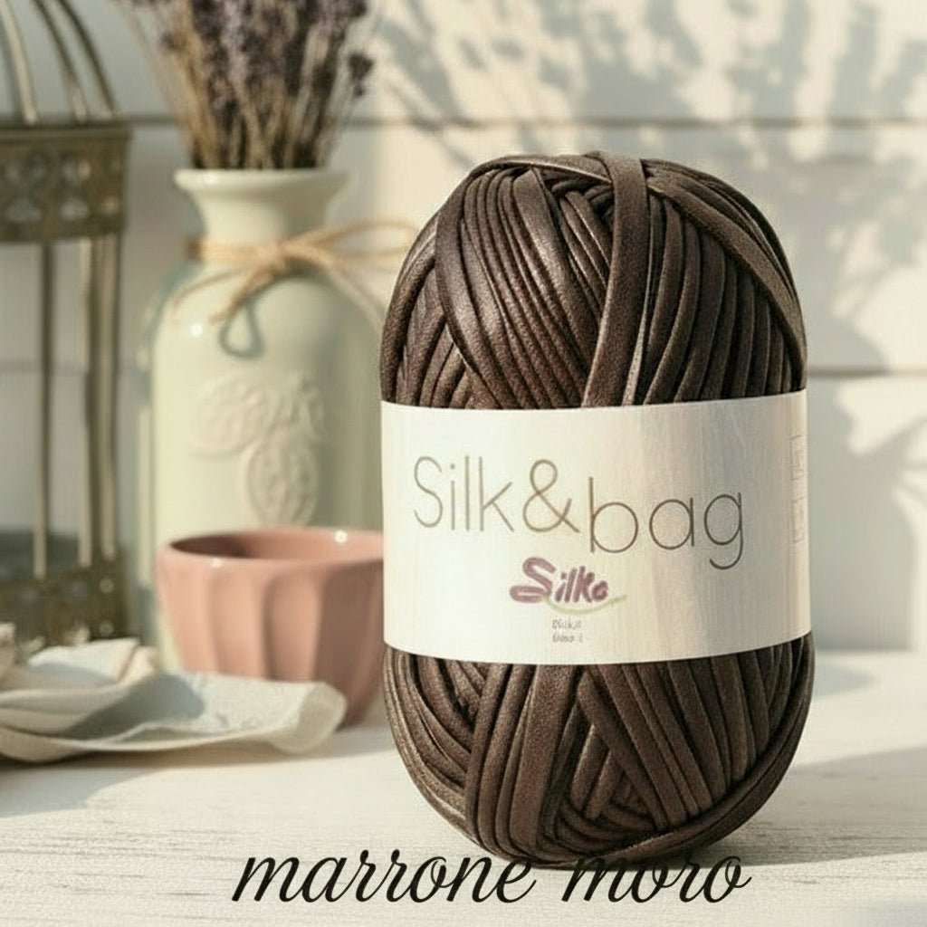 gomitolo Silk & bag Silke fettuccia ecopelle marrone testa di moro uso cordino per borse uncinetto abbigliamento moda rivestire manici realizzare pochette clutch bags