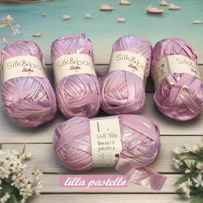 Silk & Bag Silke Arvier, lilla pastello lycra metal laminata metallizzata vernice similpelle lamè fettuccia borse uncinetto crochet clutch bags pochette da cerimonia sera regali natale cestini per handmade ferri maglia gomitolo 100 grammi
