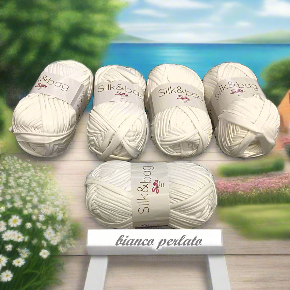 Silk & Bag Silke Arvier, bianco perlato lycra metal laminata metallizzata vernice similpelle lamè fettuccia borse uncinetto crochet clutch bags pochette da cerimonia sera regali natale cestini per handmade ferri maglia gomitolo 100 grammi