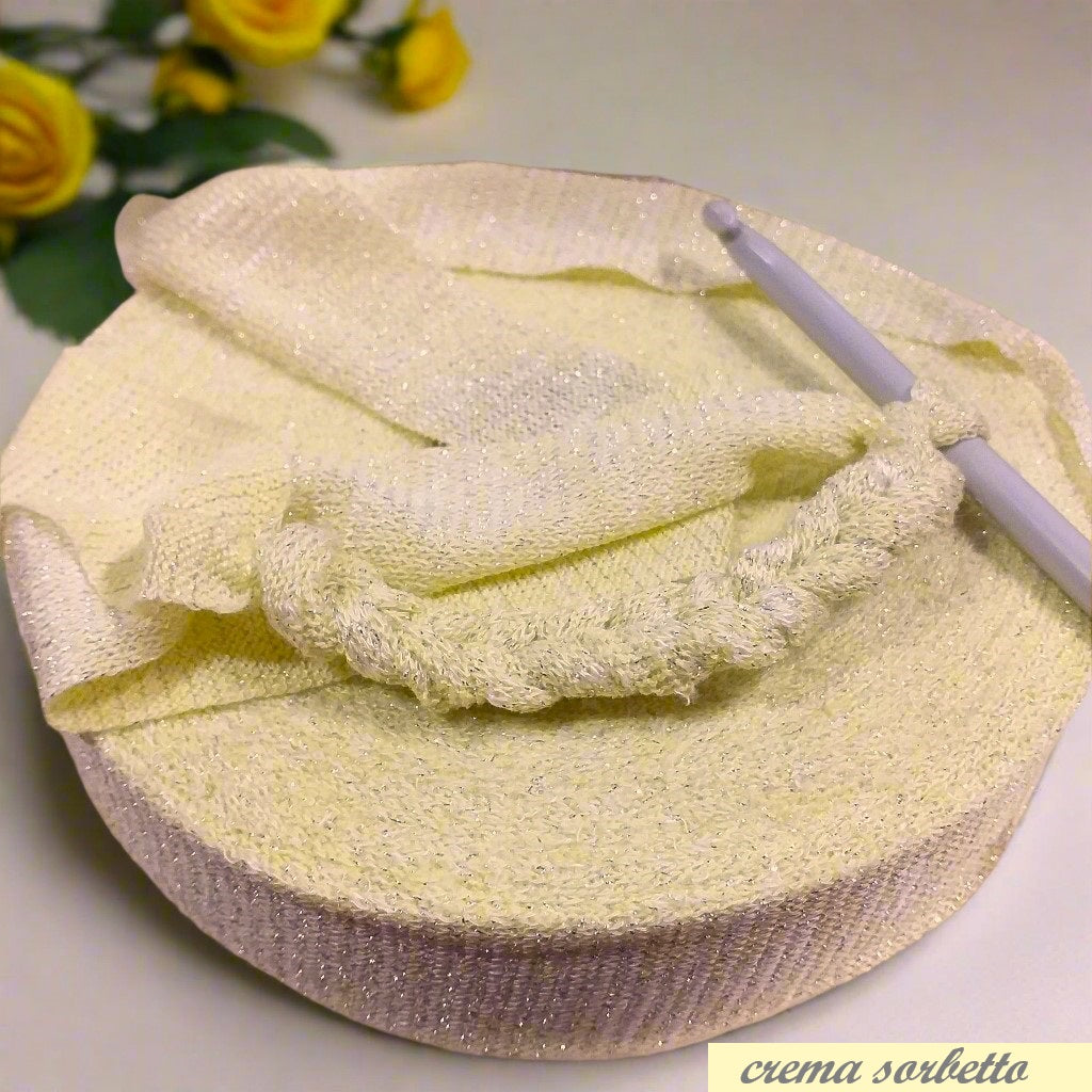 lustrini maglina crema sorbetto lurex vetrina feste lamè fettuccia lycra elasticizzata glitterata brillantini per uncinetto borse cestini pasquali confezionamento packaging regalo