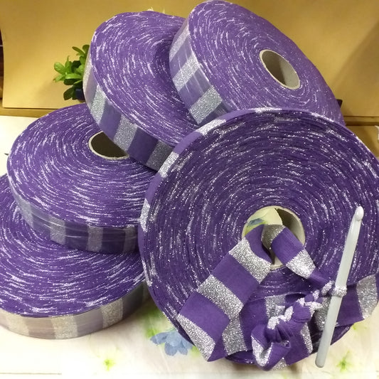 rotoli in vetrina viola argento lurex righe fettuccia lycra elastica alta piatta larga di maglina per borse uncinetto cestini cucce gatti cani tappeti arazzi borsone mare pochette sera