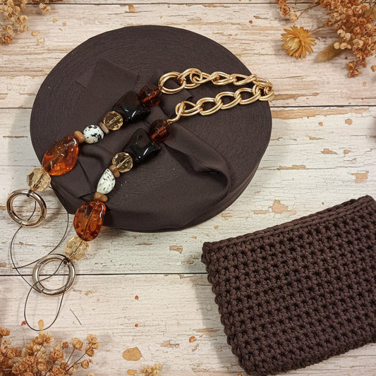 marrone vetrina autunnale kit fettuccia jersey tulle con manico perle gioiello ambra catena stile bijoux per fare borsa uncinetto pochette