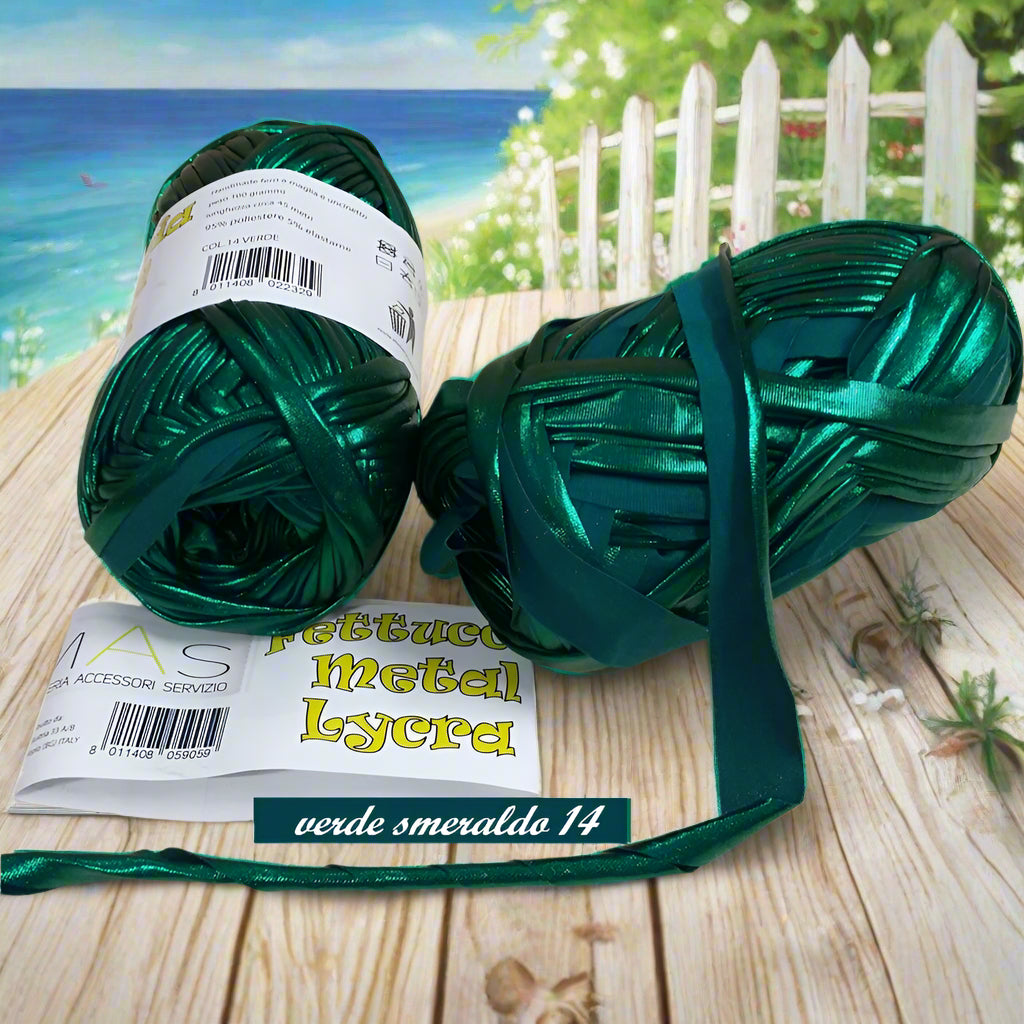 verde smeraldo MAS lamè verniciato gomitolo fettuccia metallica metallizzata simil-pelle ecopelle per borse uncinetto clutch bags natale capodanno autunno inverno 2025