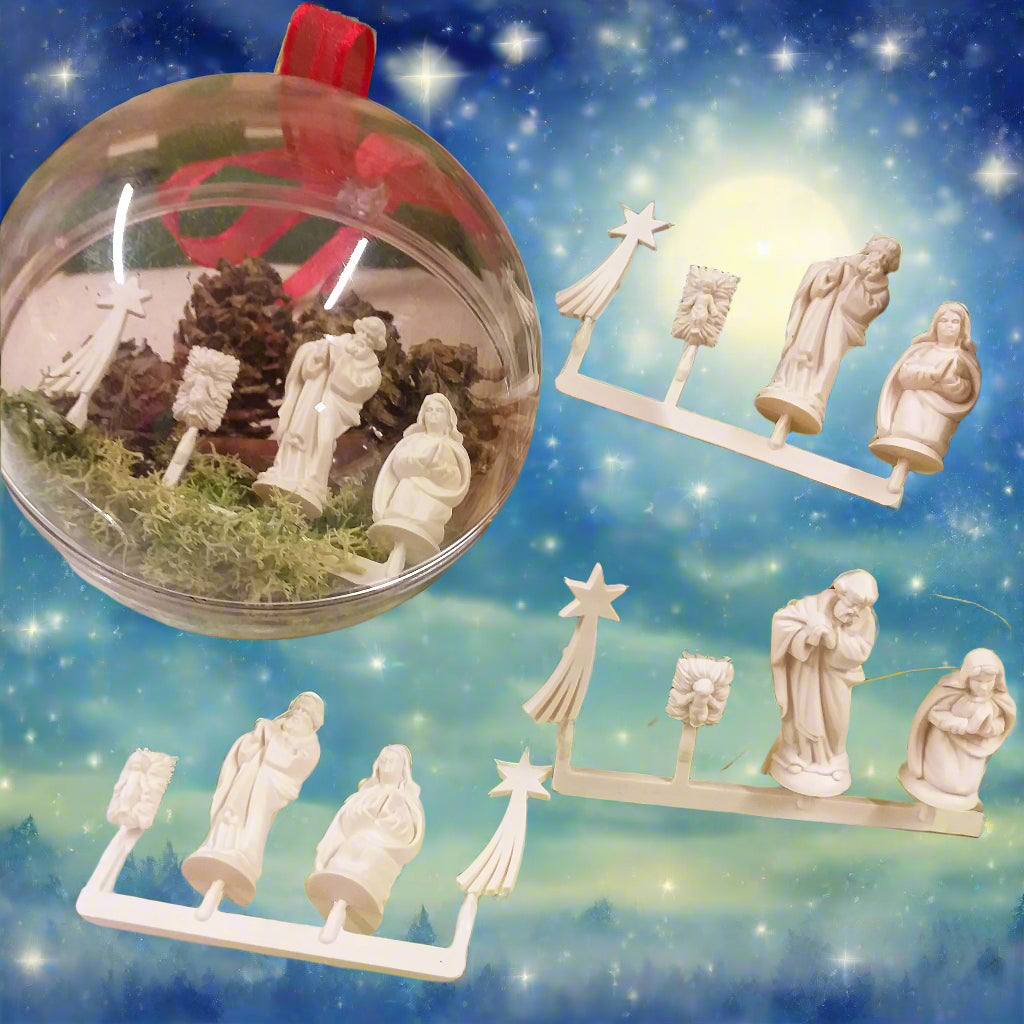 vetrina natale pallina sfera per albero gruppo statuine mini Presepe Natività 3 cm Gesù Giuseppe Maria Madonna stella cometa statuette bianche miniatura da decorare colorare
