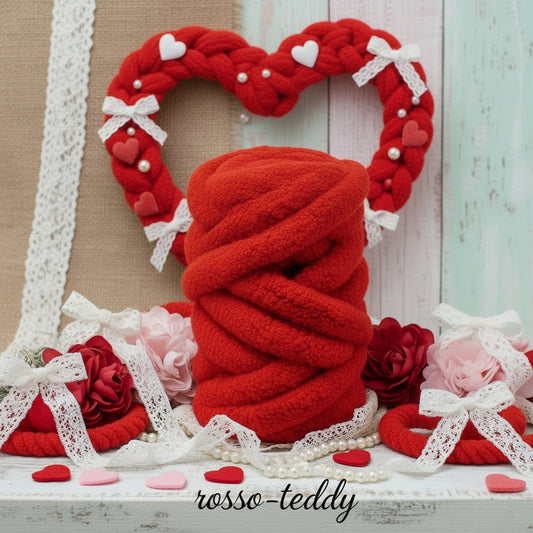 filato teddy rosso fettuccia marshmallow per borse intrecciate a mano chunky bags cestini ghirlande con applicazioni san valentino