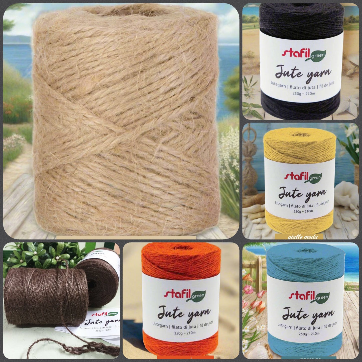 beige naturale color corda tela sacco e filato colorato nero giallo azzurro arancione marrone filo juta borse uncinetto tappeti cuscini abbigliamento moda mare cappelli sandali di cordino