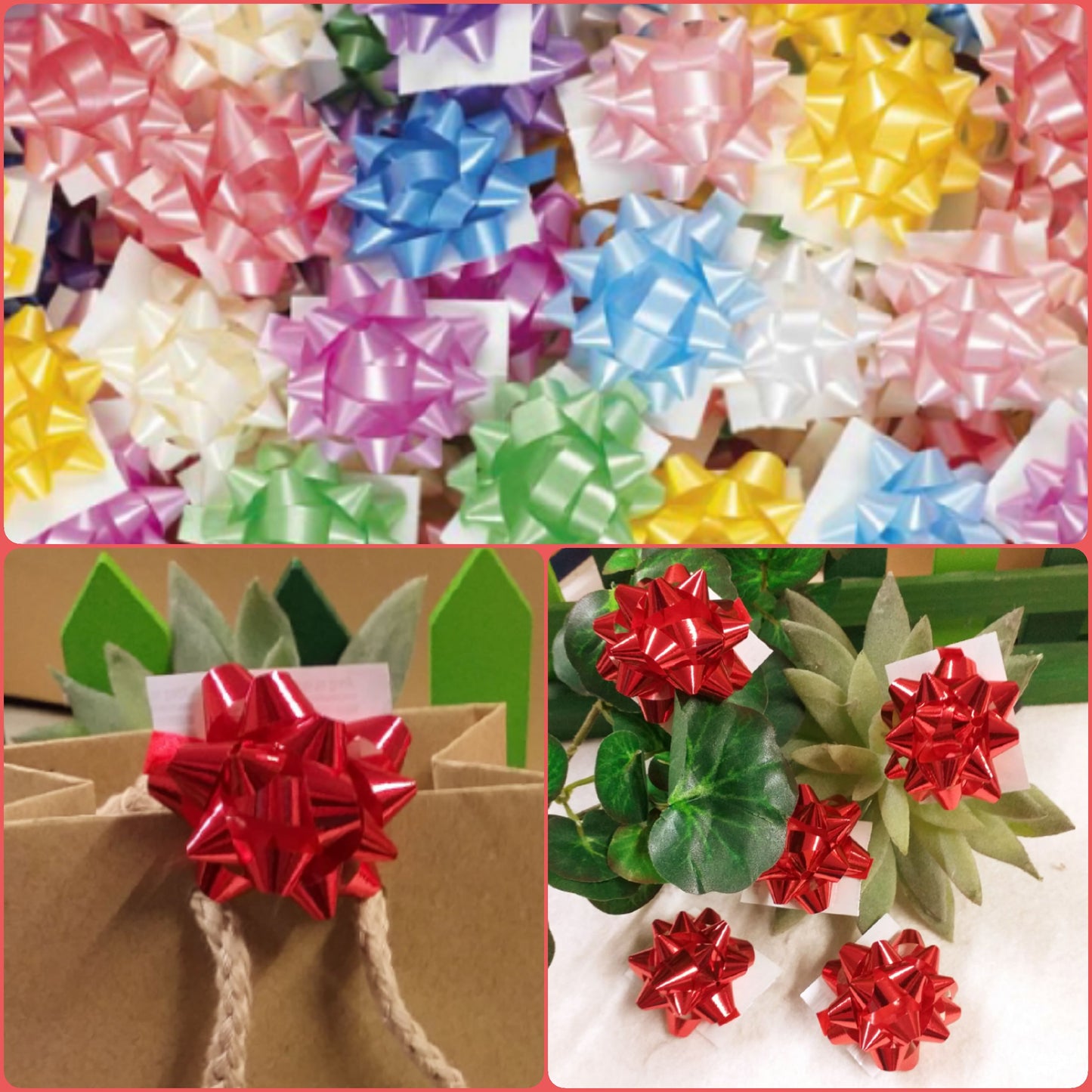 stella carta tinte tenui pastello rosso metallizzato coccarde fiocco chiudipacco per confezione regalo Natale Pasqua segnaposto bomboniere fai da te packaging San Valentino vetrinistica