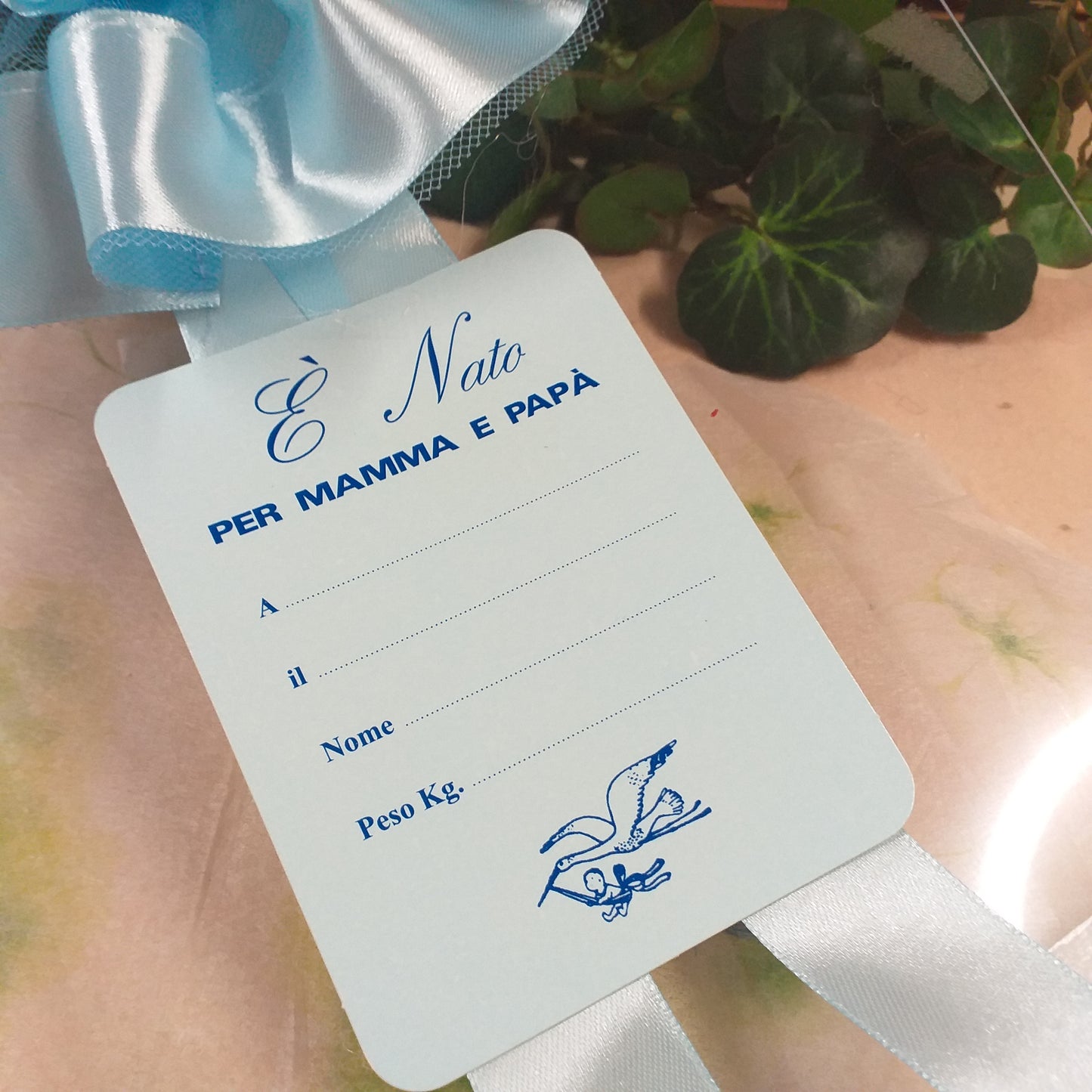 pergamena cartoncino del fiocco coccarda nascita di tulle e nastro E' nato un bimbo per mamma e papà a (luogo) il (data) nome peso kg cicogna bebè maschietto celeste azzurro
