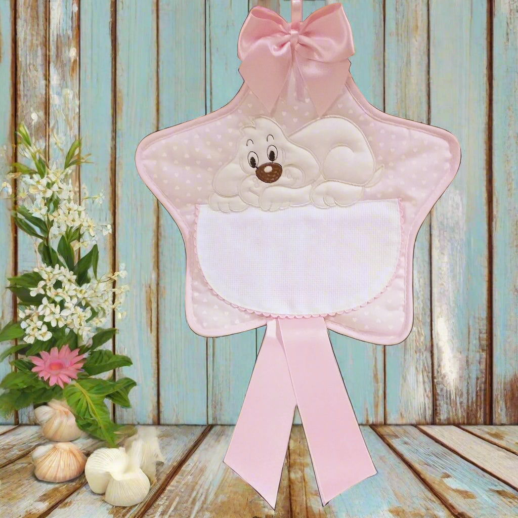stella cagnolino rosa bimba femminuccia coccarda da nascita fiocco da ricamare a punto croce tela aida e stoffa di cotone per costruire fuoriporta