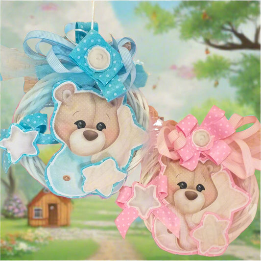 rosa bimba celeste azzurro bimbo fiocco coccarda pannolenci feltro orso bebè neonato con stelle fatto a mano tulle coroncina vimini bianco fuoriporta nascita